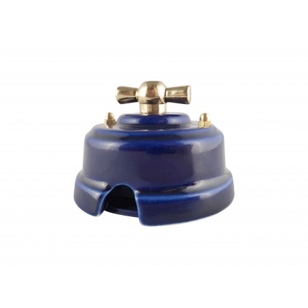 Выключатель (переключатель) фарфоровый поворотный одноклавишный проходной, цвет azzurra (лазурный), ручка золото