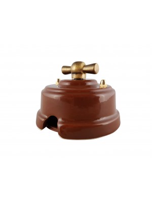 Выключатель (переключатель) фарфоровый поворотный одноклавишный проходной, цвет bruno (коричневый), ручка бронза