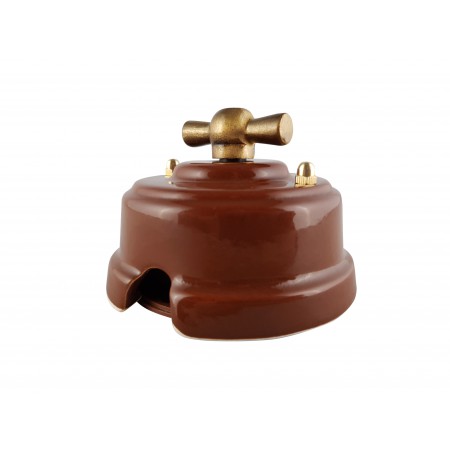 Выключатель (переключатель) фарфоровый поворотный одноклавишный проходной, цвет bruno (коричневый), ручка бронза