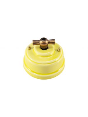 Выключатель фарфоровый поворотный двухклавишный, цвет giallo (желтый), ручка бронза