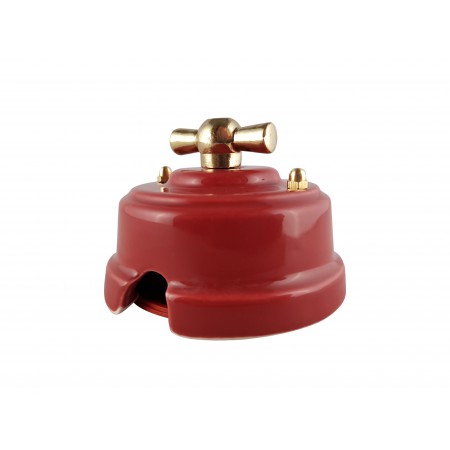 Выключатель (переключатель) фарфоровый поворотный одноклавишный проходной, цвет granato (гранатовый), ручка золото