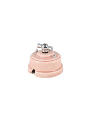 Выключатель (переключатель) фарфоровый поворотный одноклавишный проходной, цвет rosa (розовый), ручка серебро