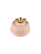 Выключатель (переключатель) фарфоровый поворотный проходной, цвет rosa (розовый), ручка золото